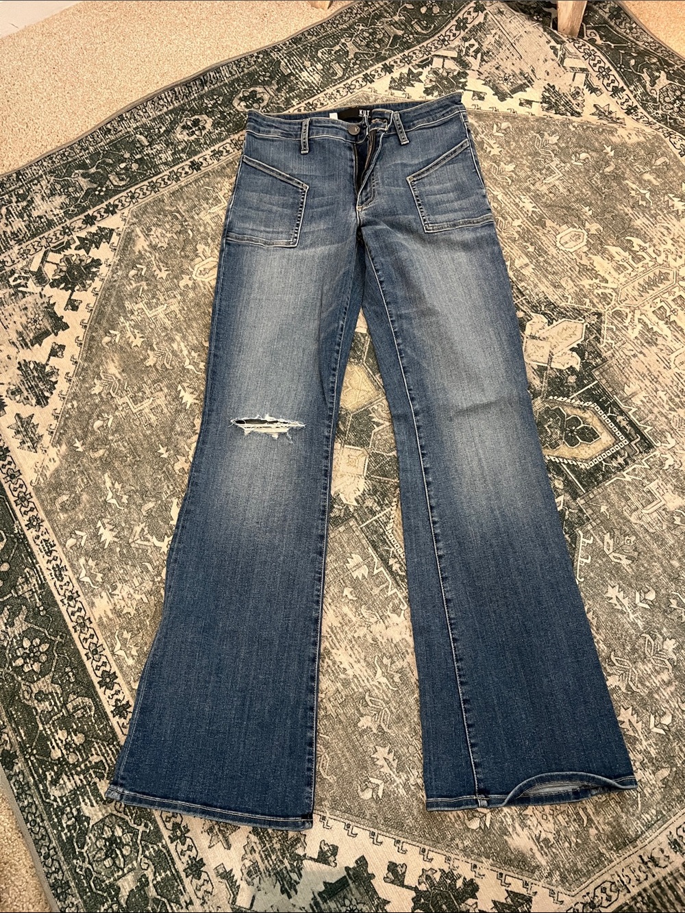 Kut from the Kloth Dark Blue Flare Jeans with Knee Distress